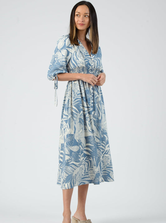 SISSY SMOCKED MIDI DRESS-BLUE LEAF