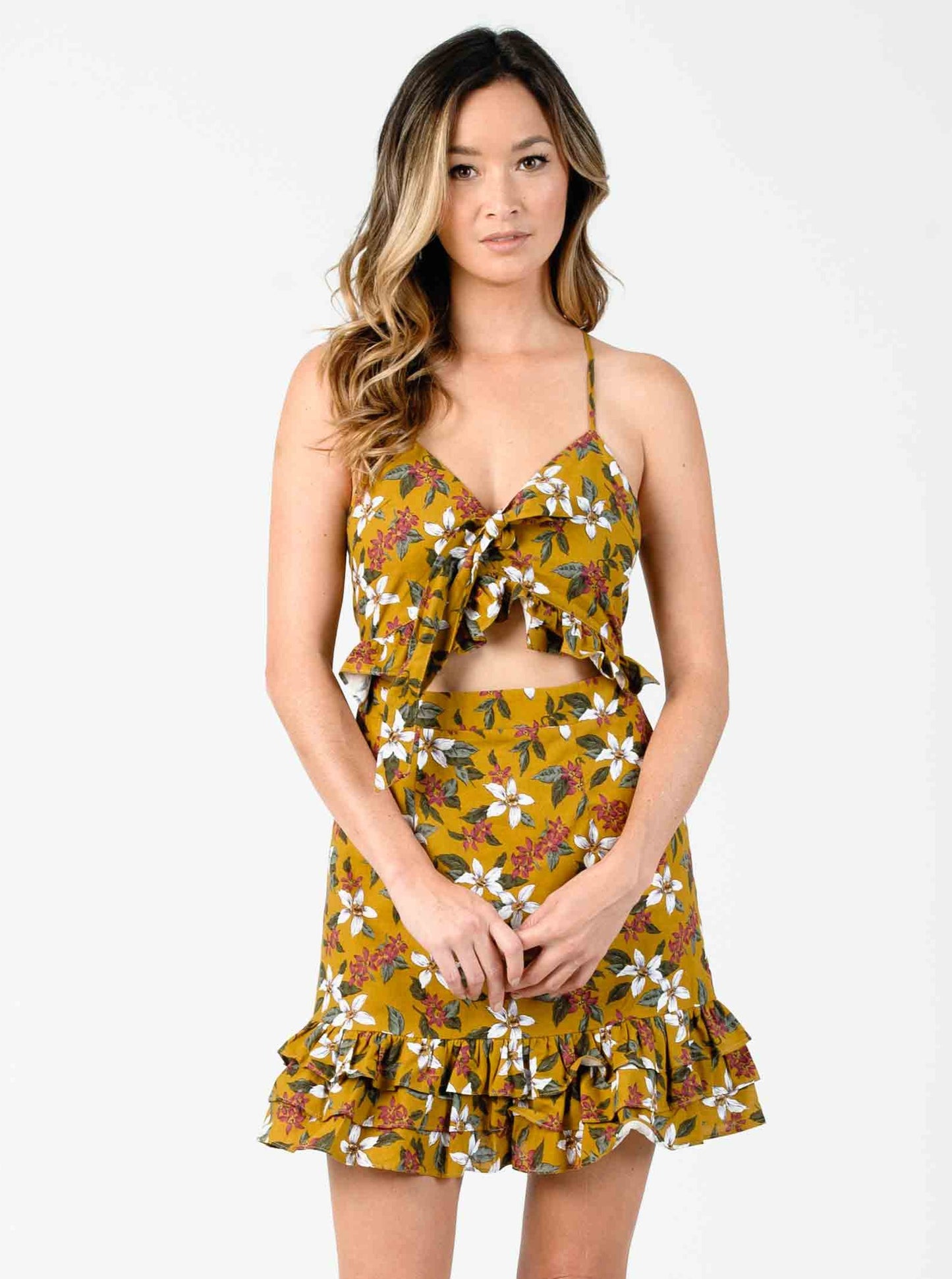 VANESSA CROSS-BACK DRESS-MUSTARD FLORAL