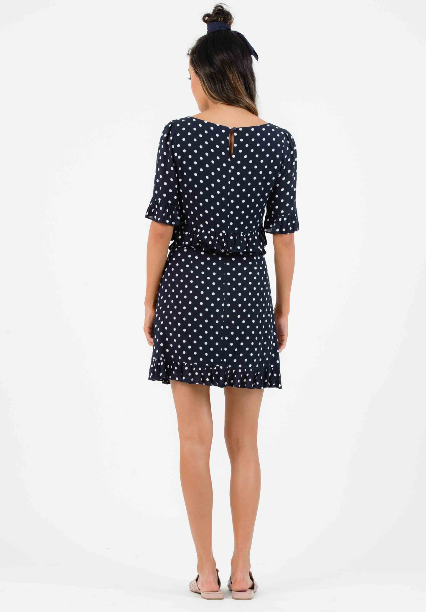 DAHLIA OPEN WAIST MINI DRESS-NAVY POLKA DOT