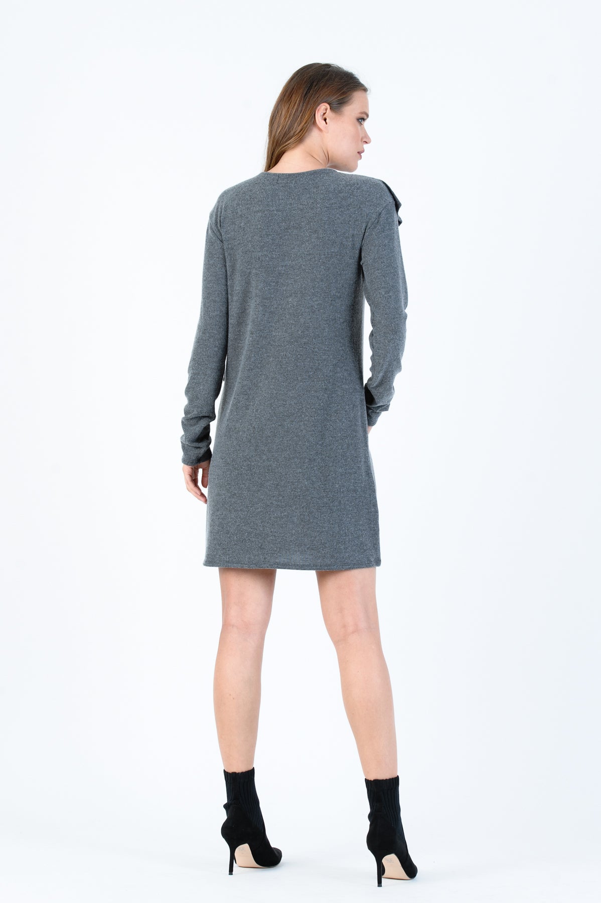 POLAR RUFFLE DRESS-CHARCOAL