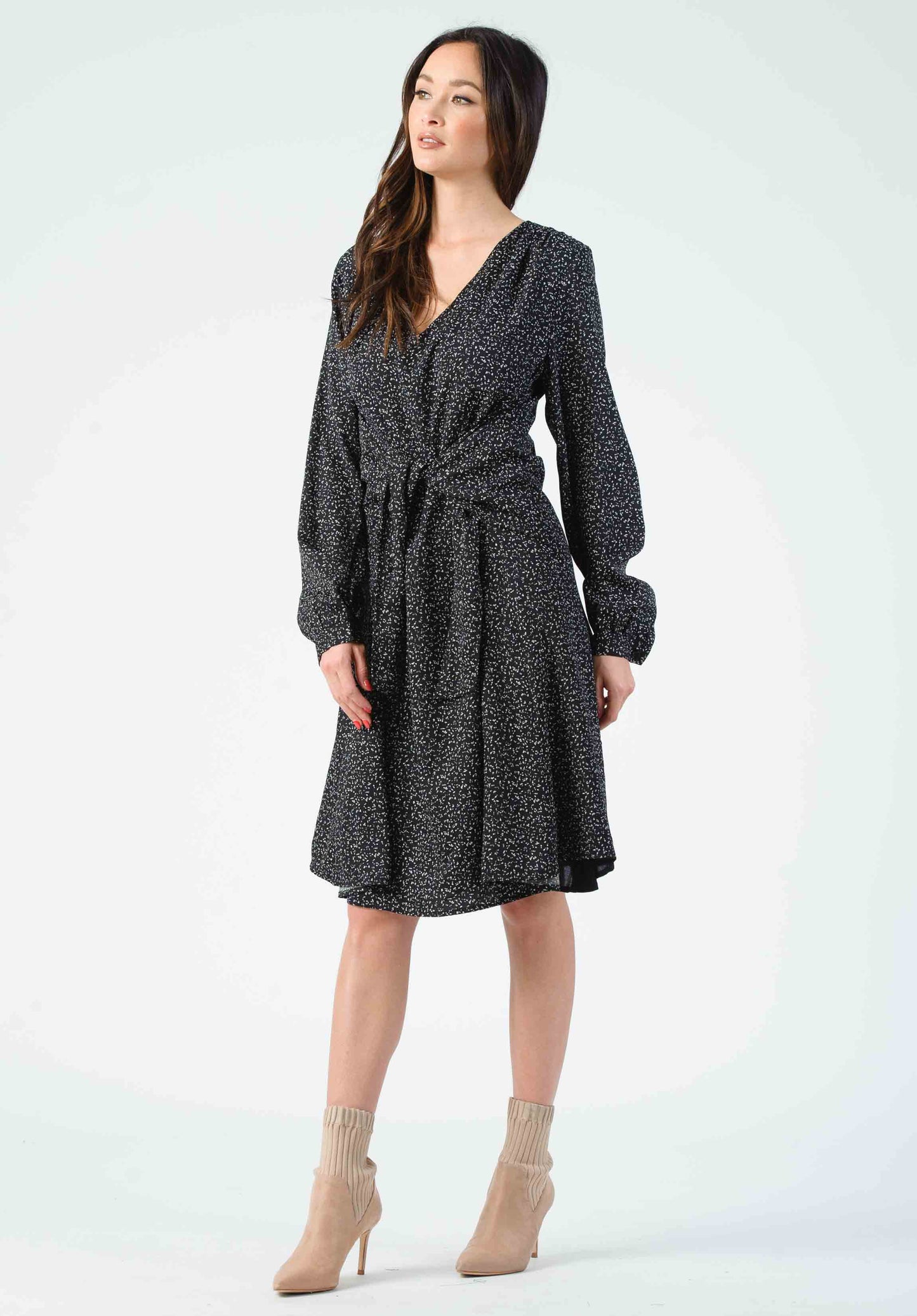 RENE V-NECK DRESS-BW SPECKLE