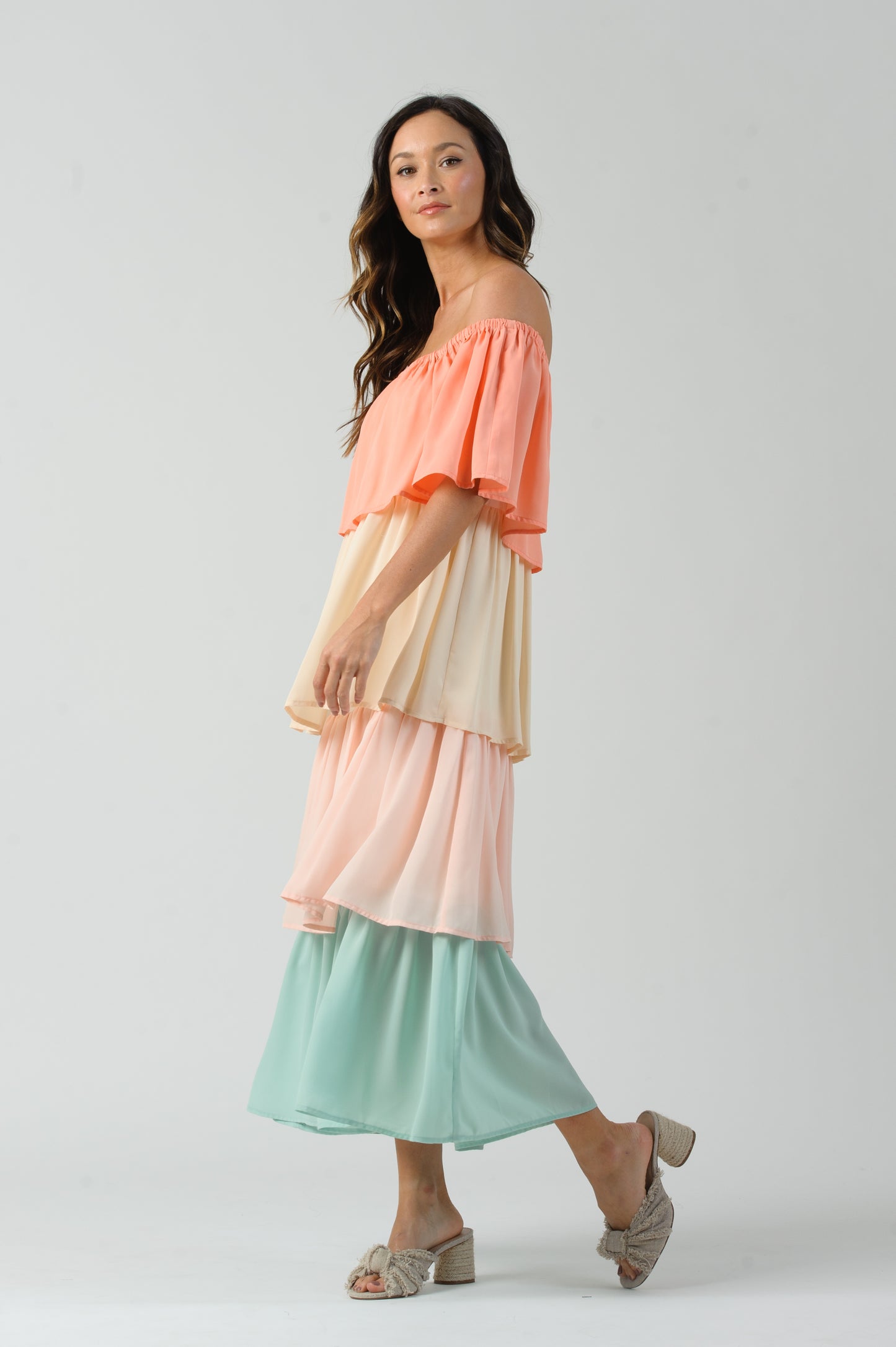 HELENE OFF THE SHOULDER TIERED DRESS-MELON BLOCK