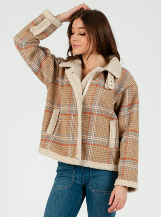 WELLSLEY SHERPA LINED MOTO JACKET-BEIGE GLEN CHECK – Lucca Couture