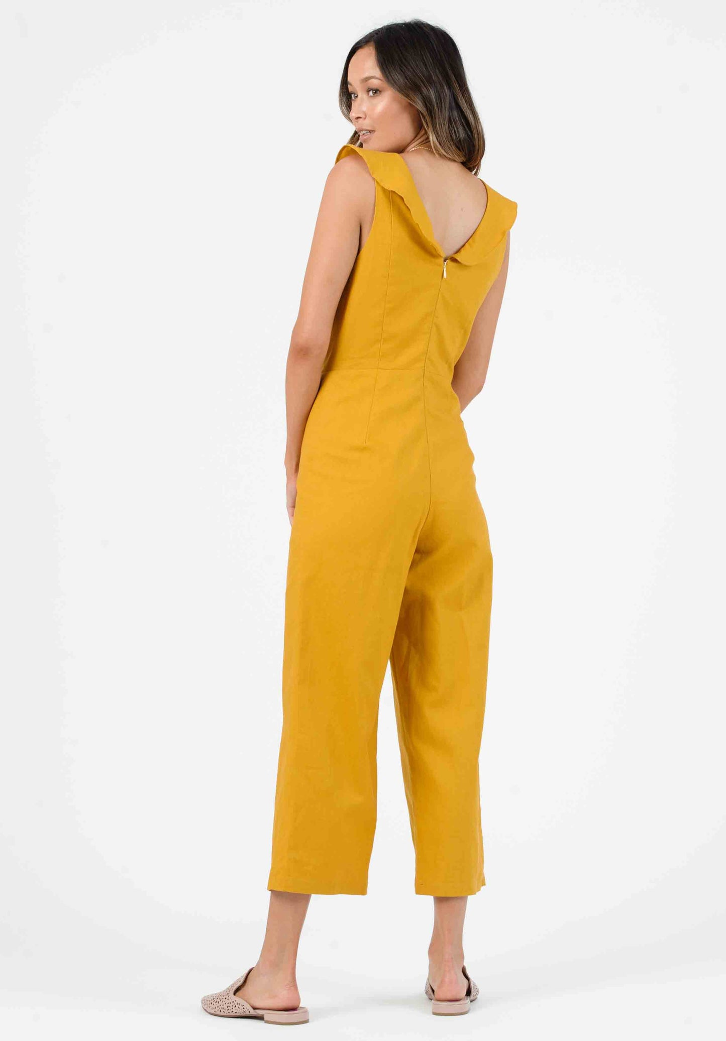 MAUI CROSS RUFFLE JUMPSUIT | MUSTARD