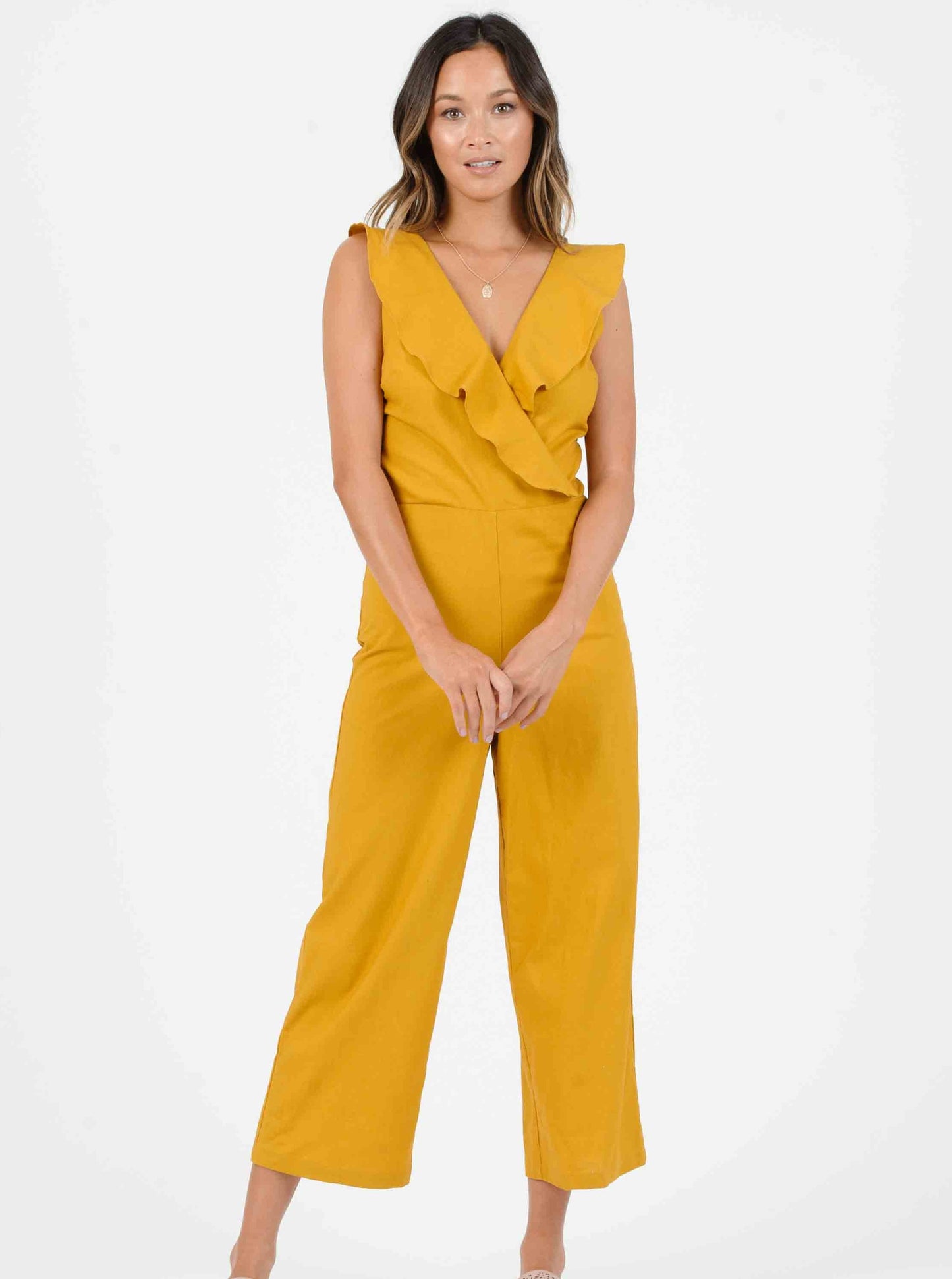 MAUI CROSS RUFFLE JUMPSUIT-MUSTARD