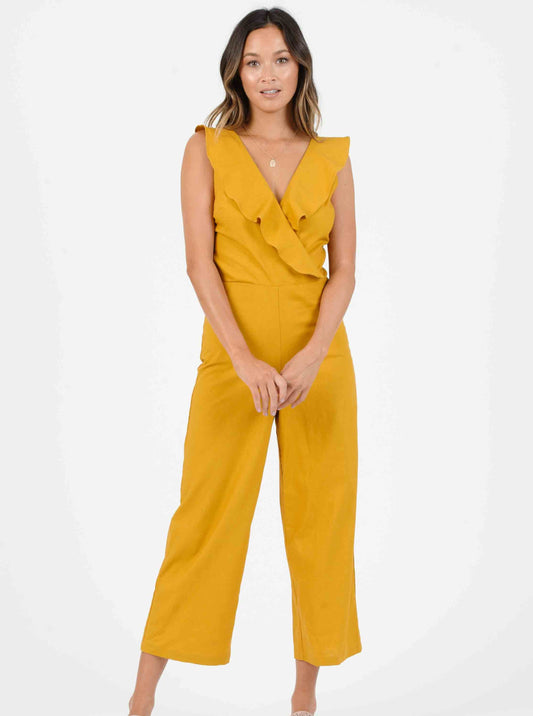 MAUI CROSS RUFFLE JUMPSUIT-MUSTARD