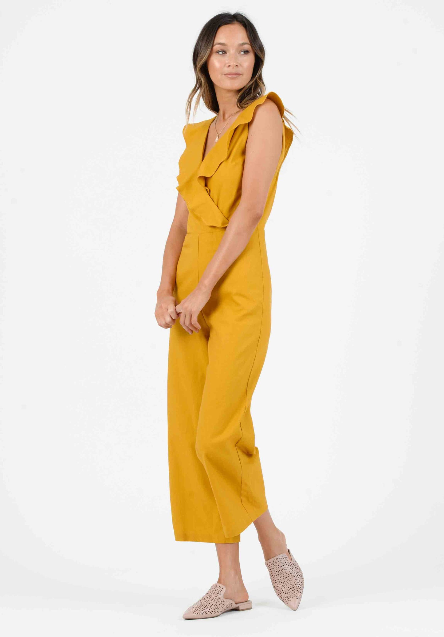 MAUI CROSS RUFFLE JUMPSUIT | MUSTARD