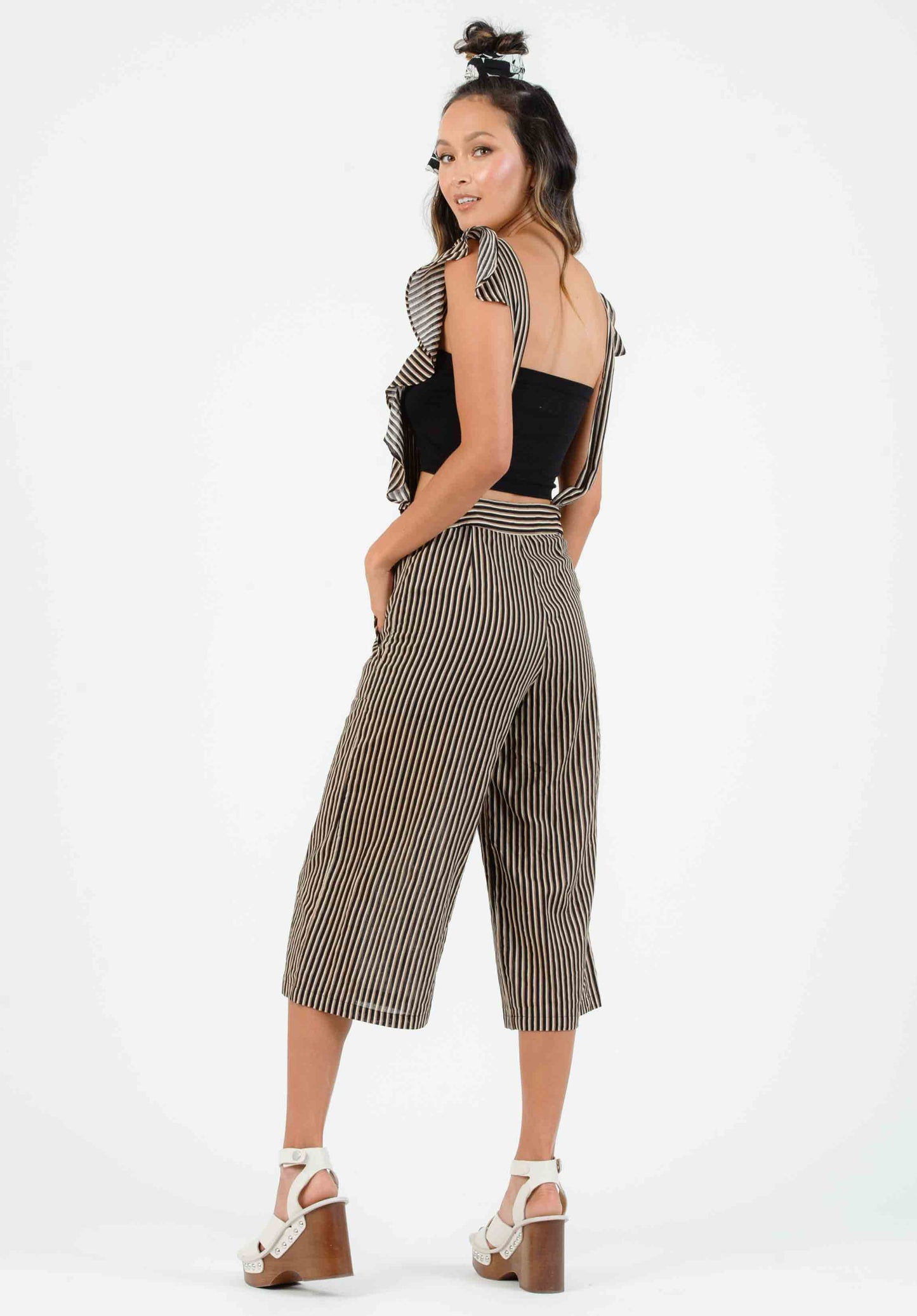 LILO RUFFLE BIB ROMPER-BLACK MULTISTRIPE