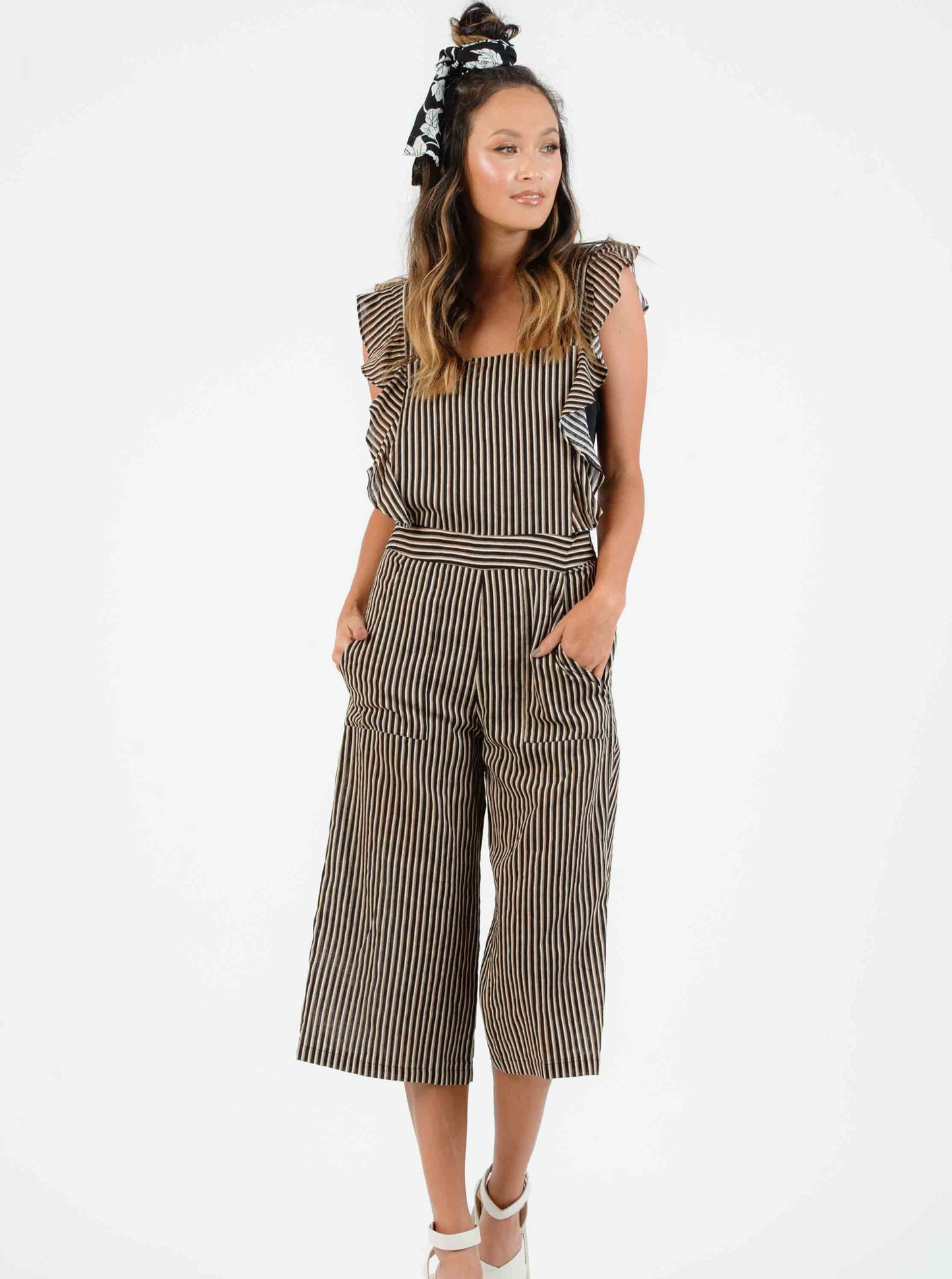 LILO RUFFLE BIB ROMPER-BLACK MULTISTRIPE