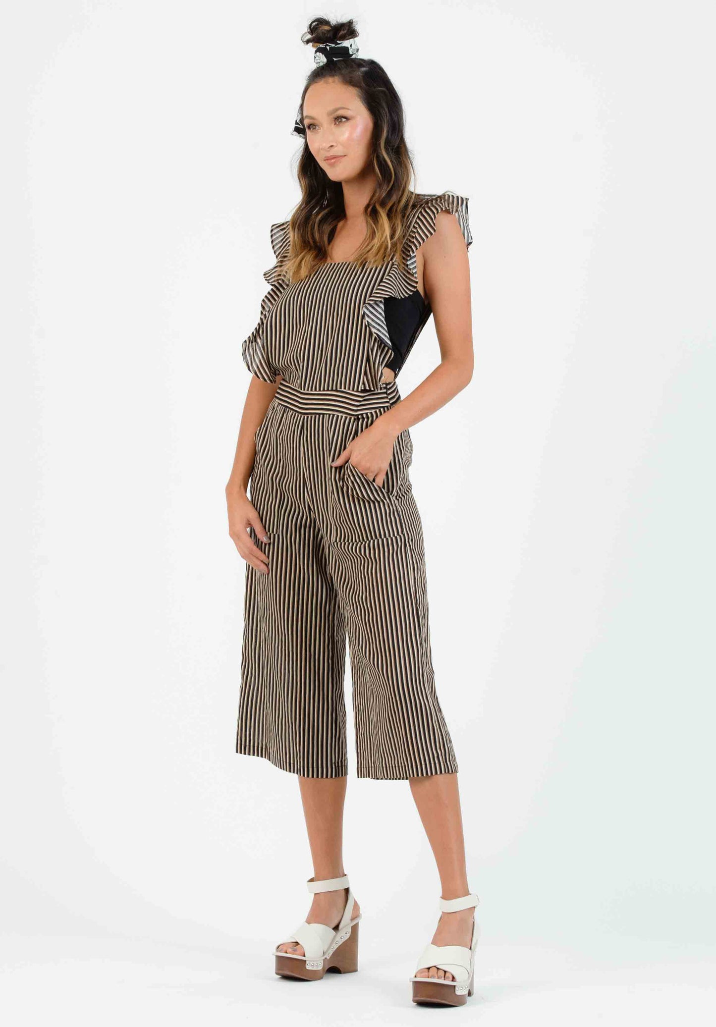 LILO RUFFLE BIB ROMPER-BLACK MULTISTRIPE