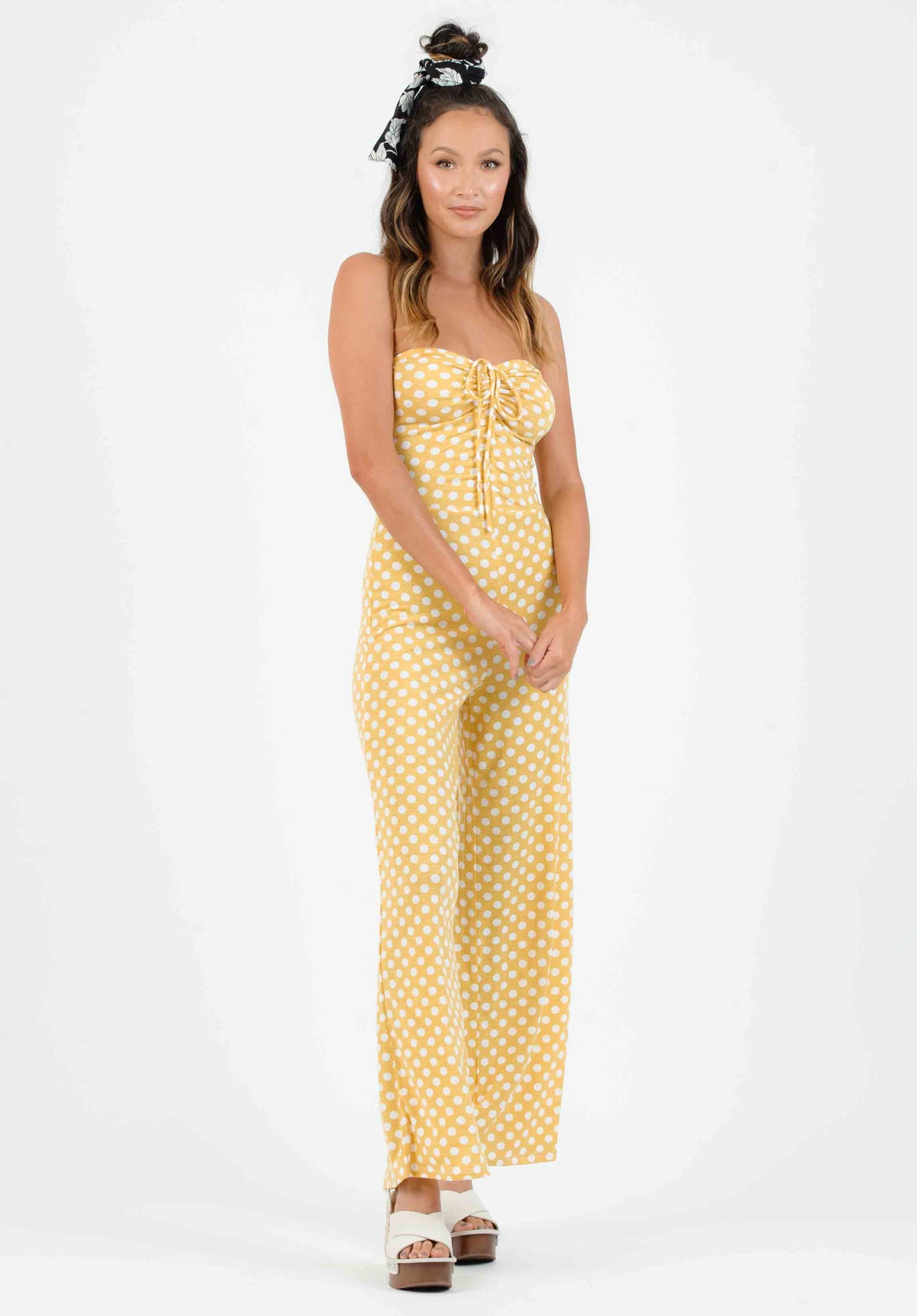 SEFINA SYNCHED JUMPSUIT-MUSTARD/WHITE POLKA DOT