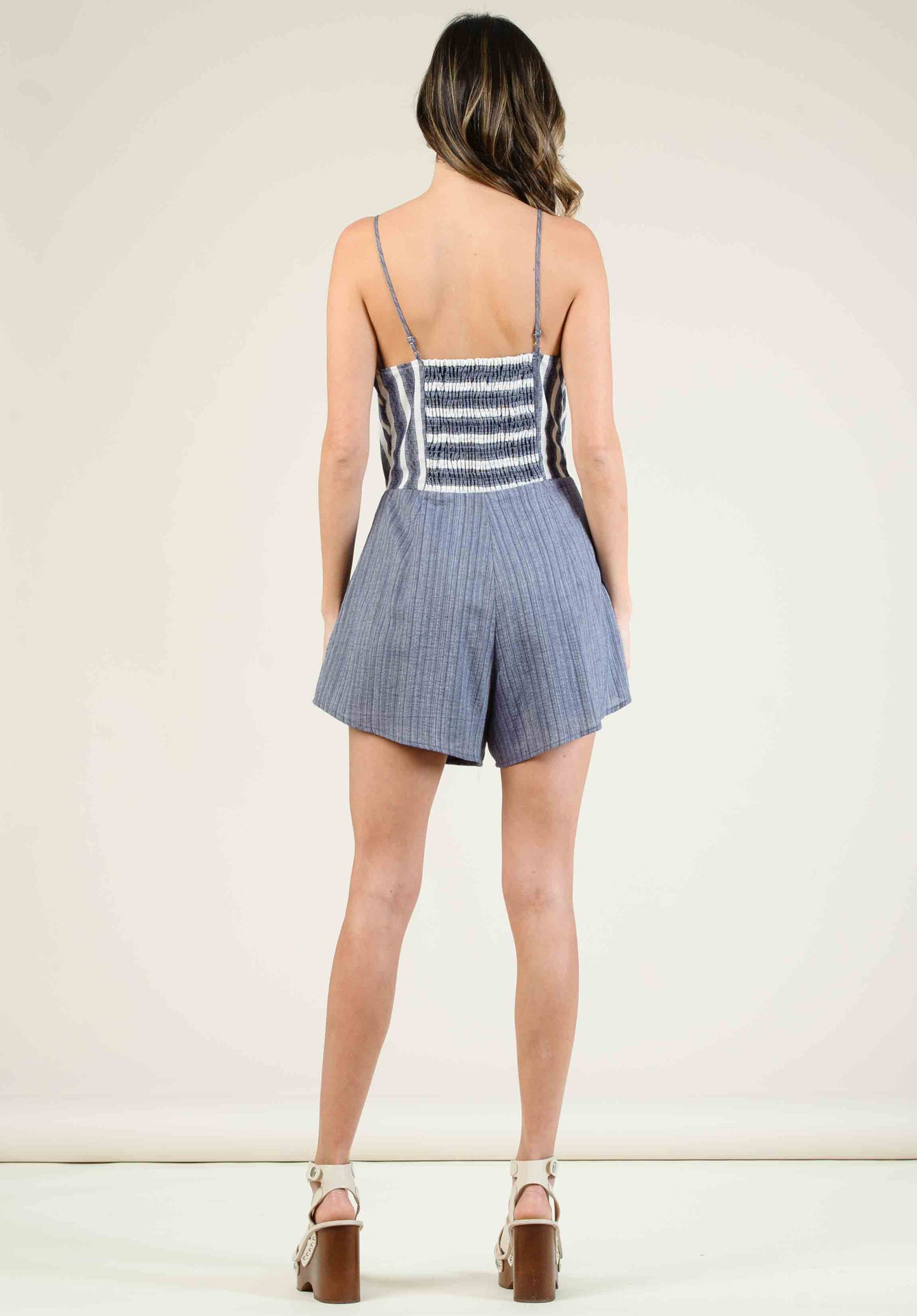 LUCIA FRONT TIE ROMPER-NAVY MULTISTRIPE