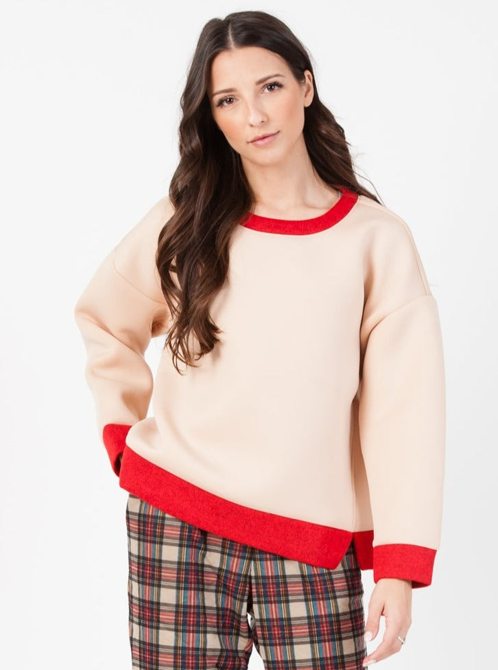 NEOPRENE COLORBLOCKED SWEATSHIRT-NUDE/RED