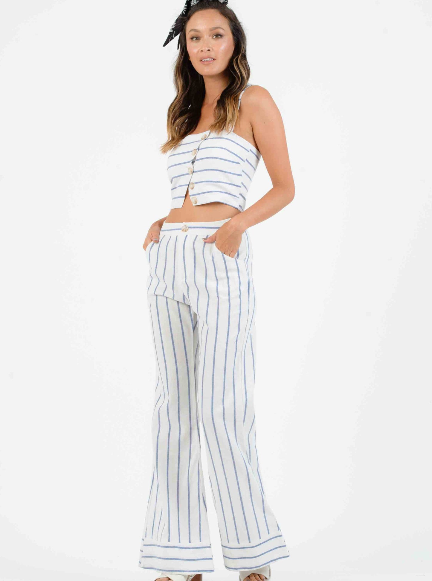 EMERY BUTTON CROP CAMI-BLUE/WHITE STRIPE