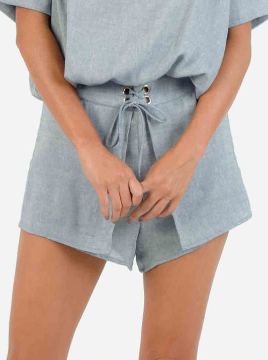 KYLEE OVERLAY LACE UP SHORTS-BLUE DENIM