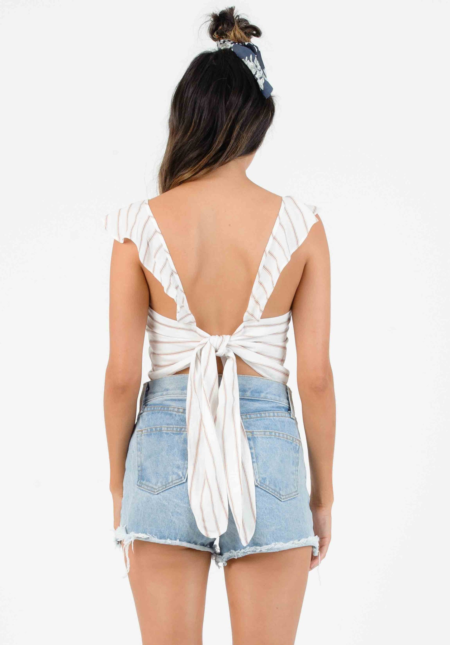 DIANA RUFFLE TIE BACK BLOUSE-WHITE/MAUVE STRIPE