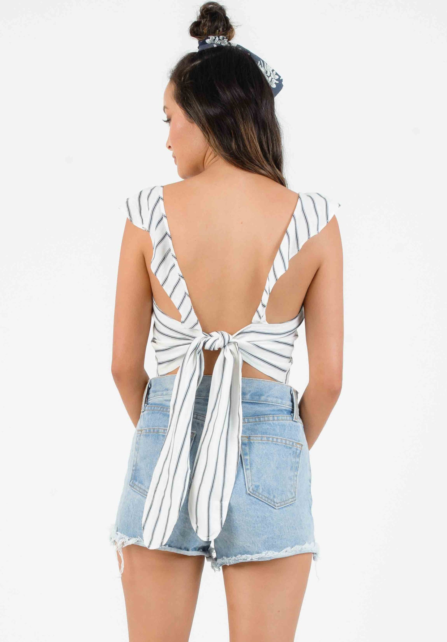 DIANA RUFFLE TIE BACK BLOUSE-WHITE/NAVY STRIPE