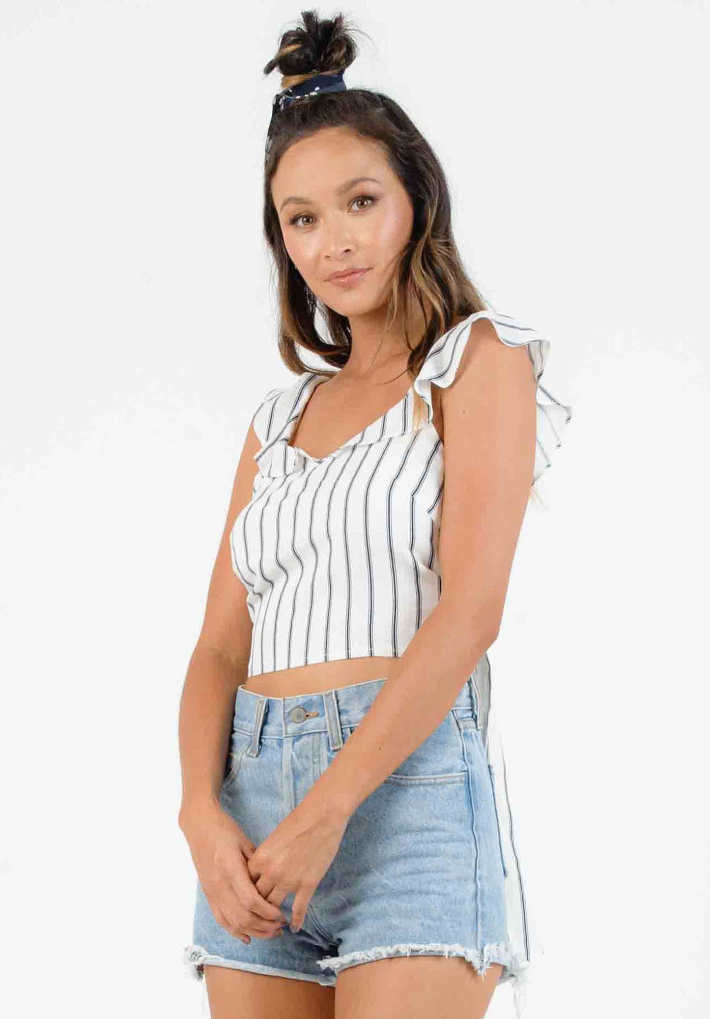 DIANA RUFFLE TIE BACK BLOUSE-WHITE/NAVY STRIPE