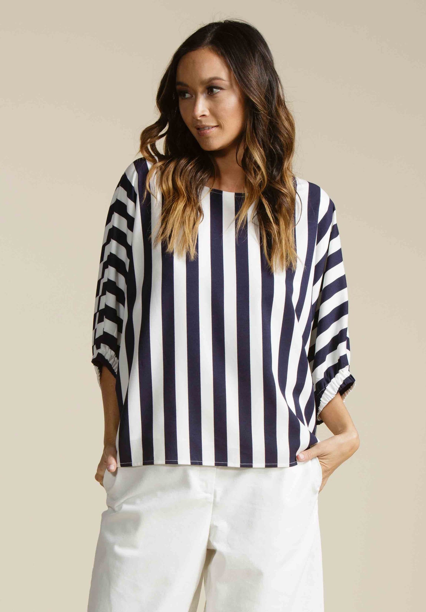 RIVER DOLMAN TOP-NAVY STRIPE
