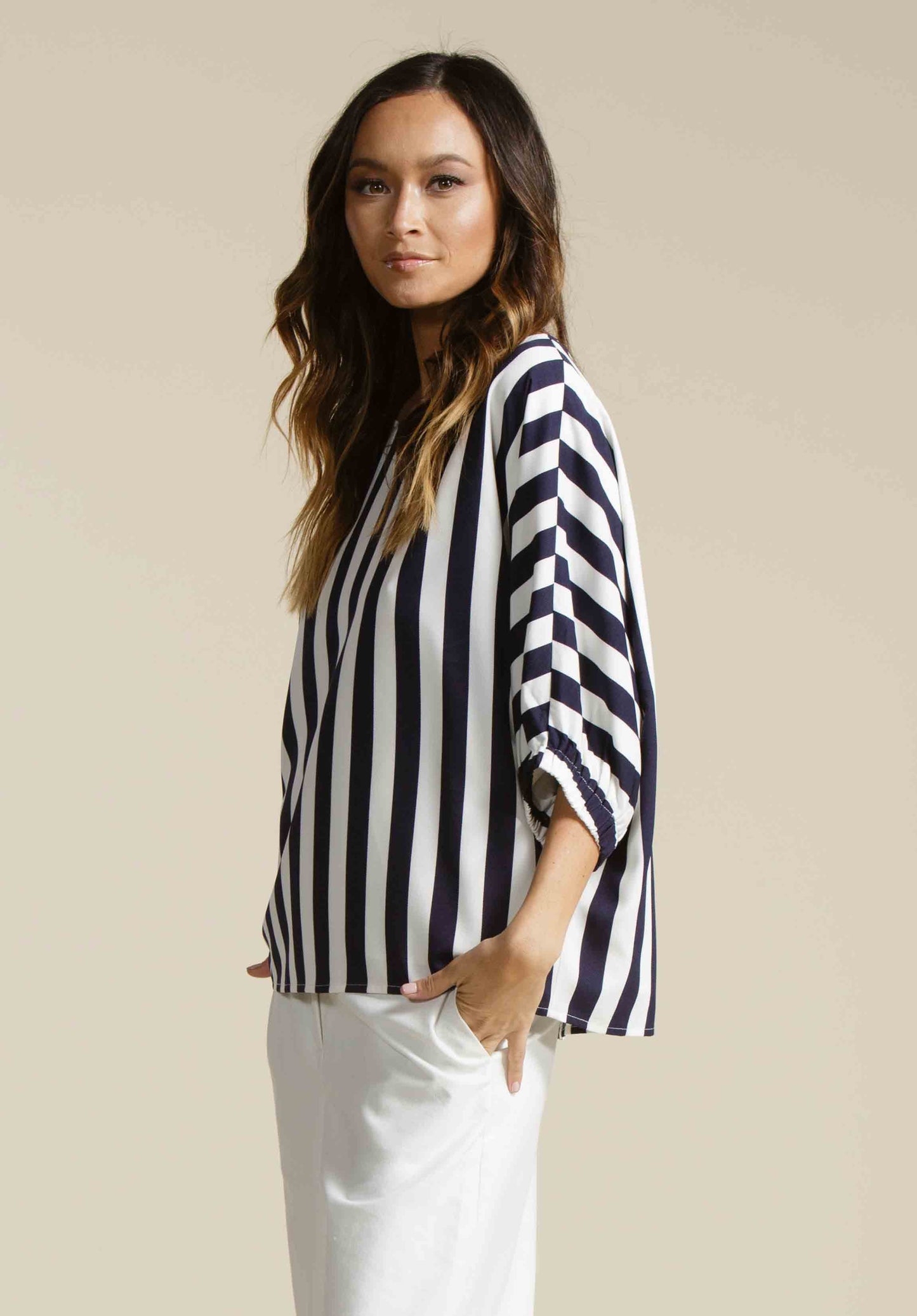 RIVER DOLMAN TOP-NAVY STRIPE