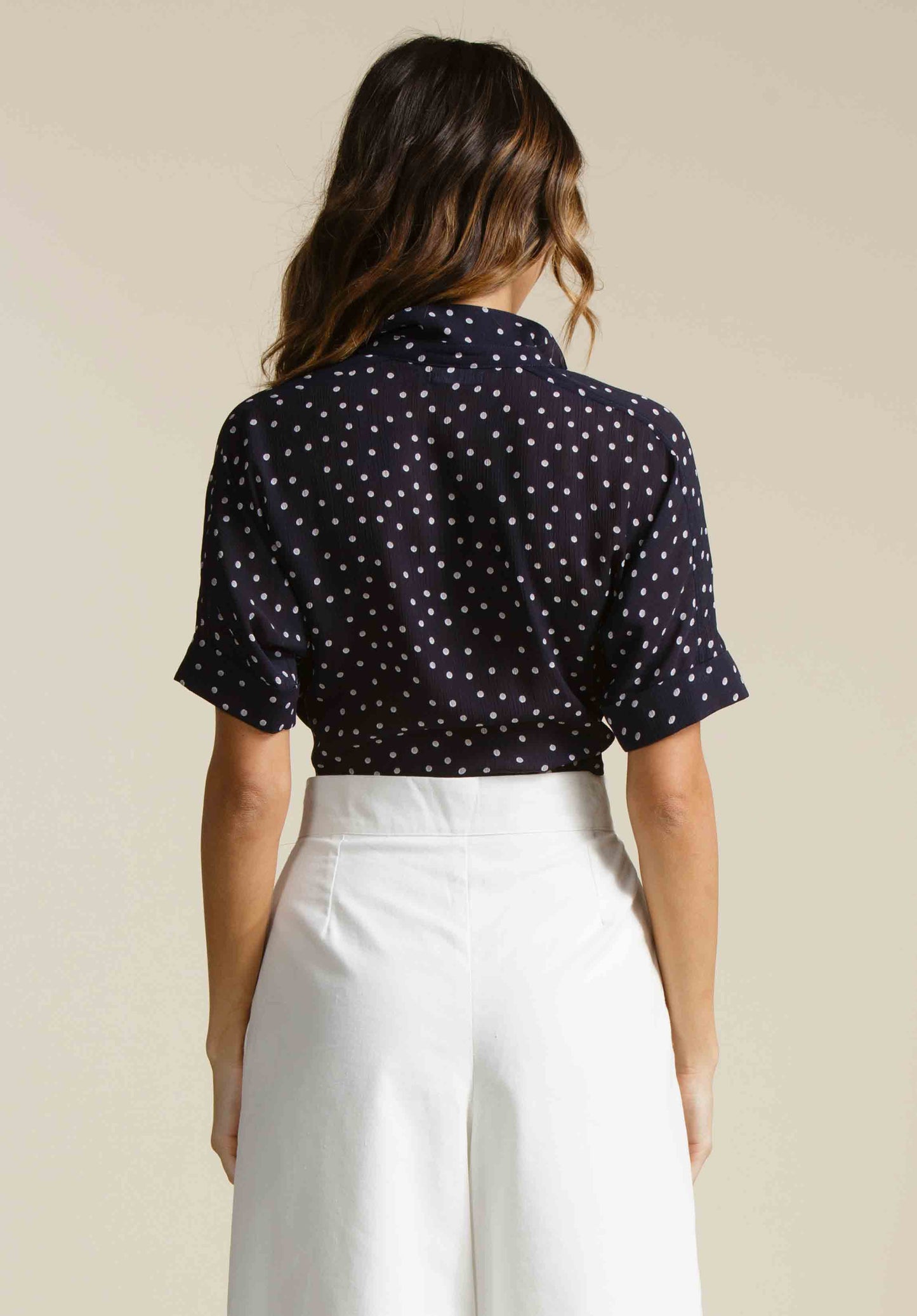 VERA BUTTON UP CROP TOP-NAVY/PINK DOT