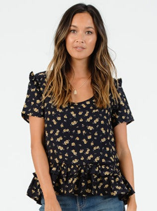 SHELBY SCOOP NECK RUFFLE TOP-NAVY FLORAL
