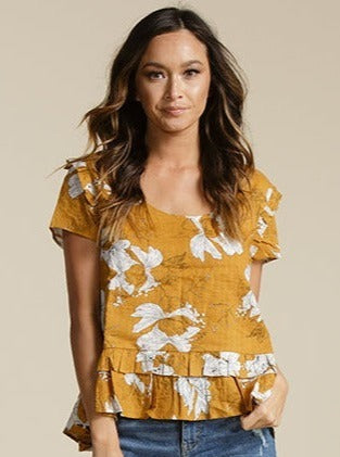 SHELBY SCOOP NECK RUFFLE TOP-SUNSET HIBISCUS