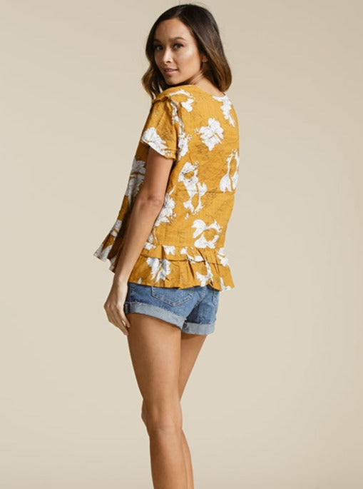 SHELBY SCOOP NECK RUFFLE TOP-SUNSET HIBISCUS