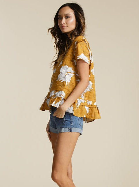 SHELBY SCOOP NECK RUFFLE TOP-SUNSET HIBISCUS