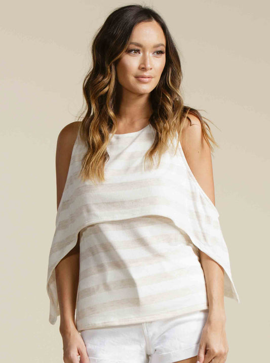 JORDAN COLD SHOULDER OVERLAY-BEIGE STRIPE