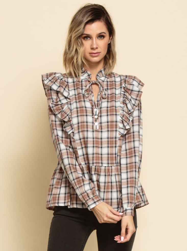 INDIANA RUFFLE PEPLUM BLOUSE-BROWN PLAID