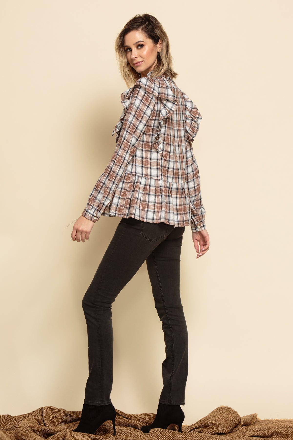 INDIANA RUFFLE PEPLUM BLOUSE-BROWN PLAID