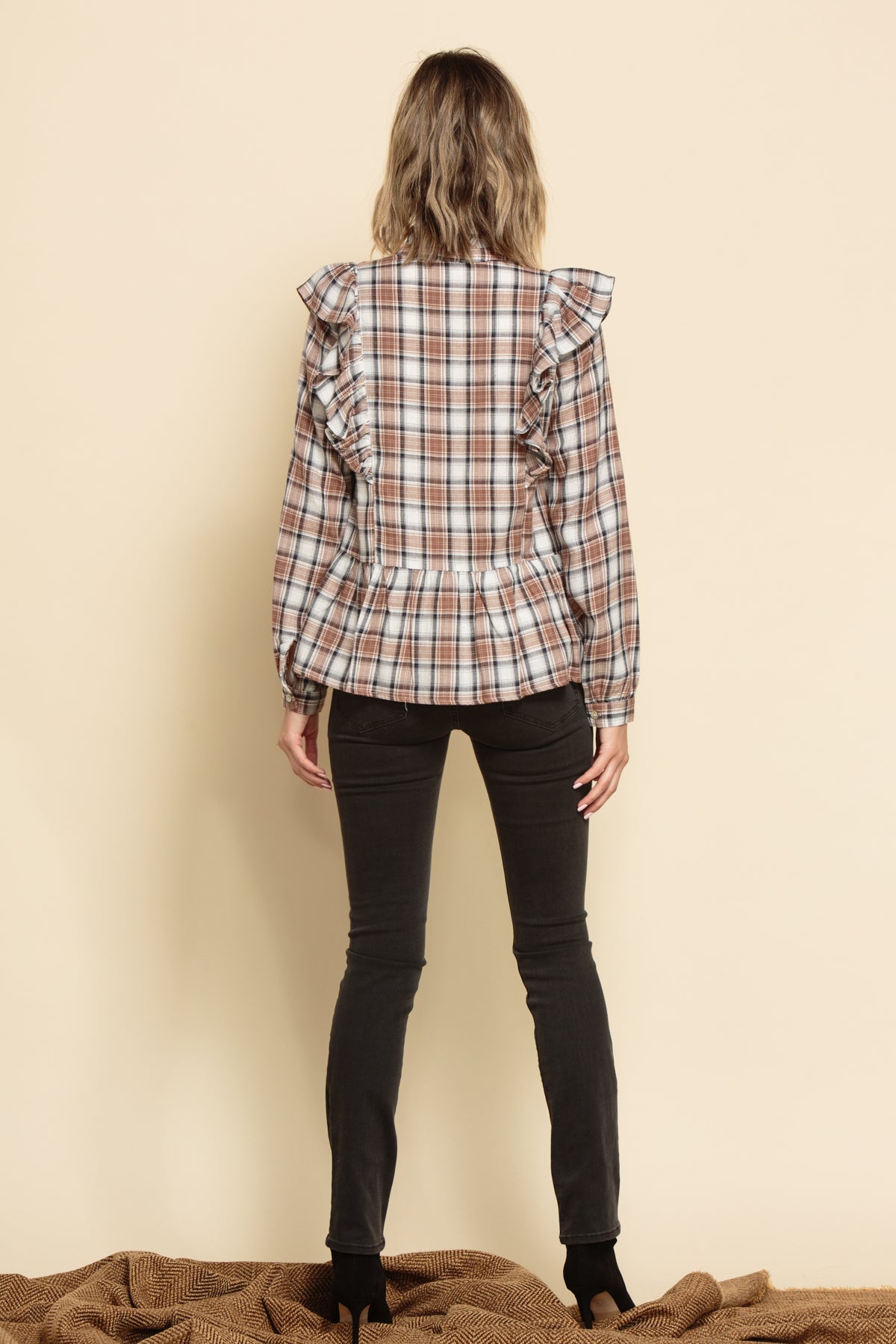 INDIANA RUFFLE PEPLUM BLOUSE-BROWN PLAID