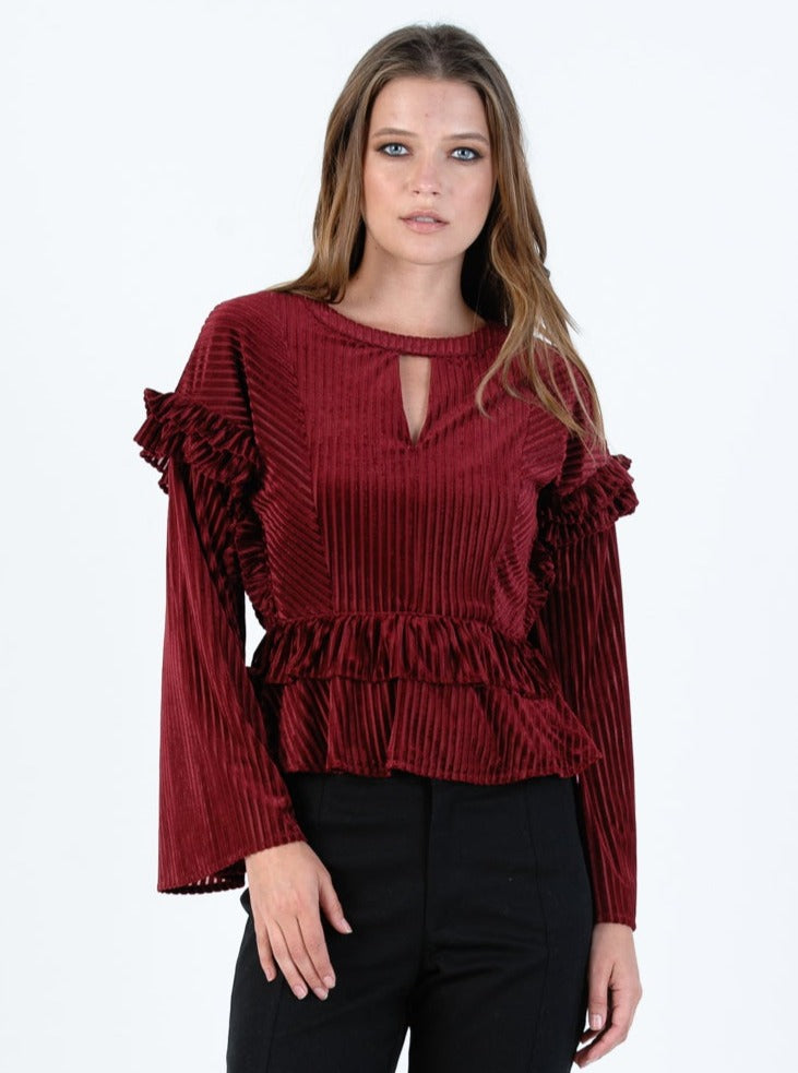 TAHOE RUFFLE BLOUSE-MERLOT STRIPE