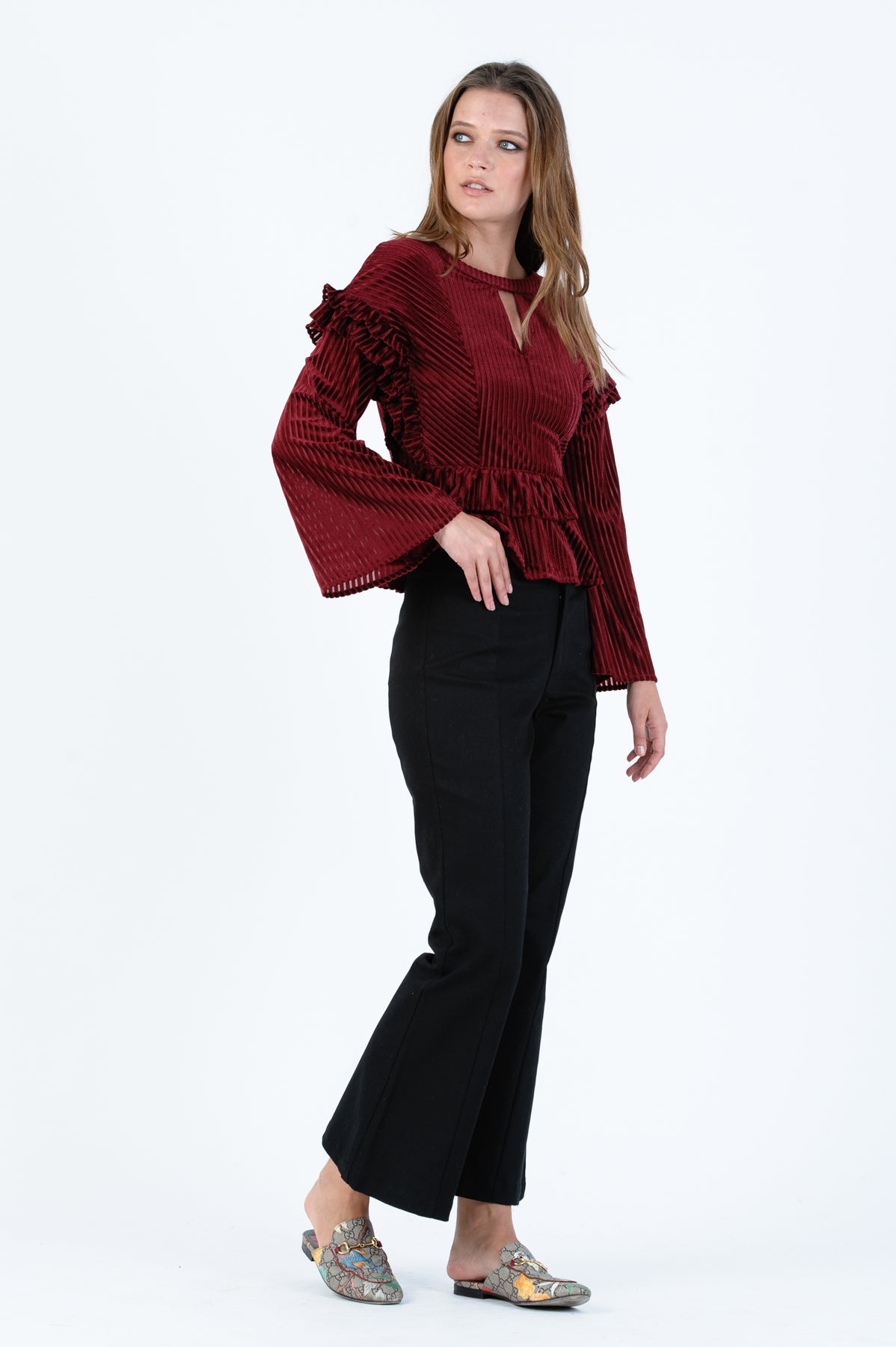 TAHOE RUFFLE BLOUSE-MERLOT STRIPE