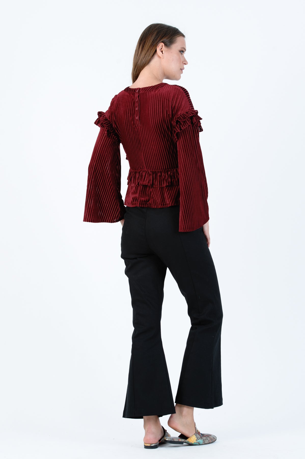 TAHOE RUFFLE BLOUSE-MERLOT STRIPE