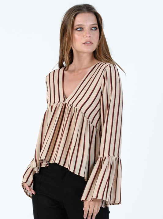 BAILEY RUFFLE BLOUSE-TAN AUBURN STRIPE