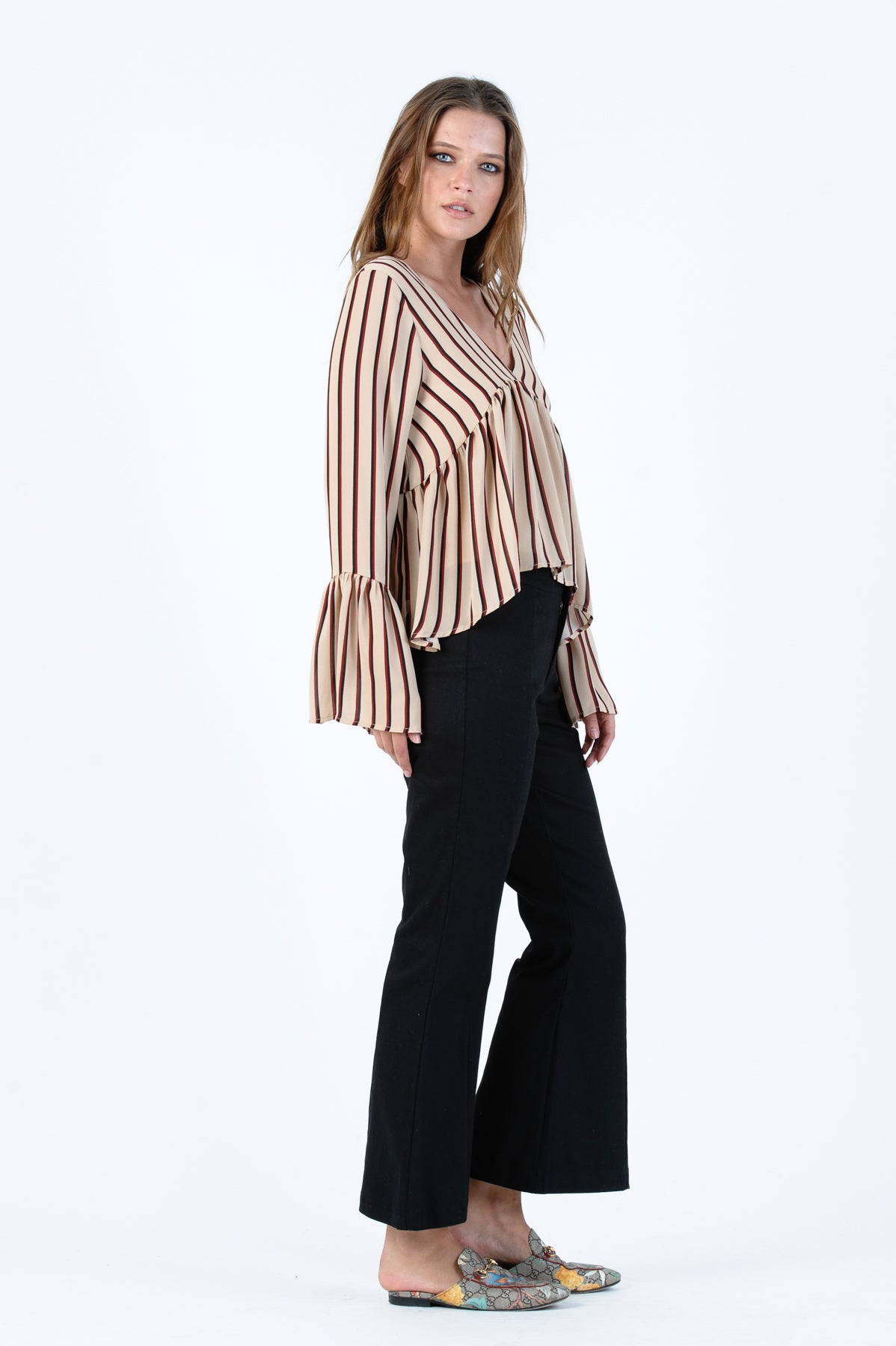 BAILEY RUFFLE BLOUSE-TAN AUBURN STRIPE
