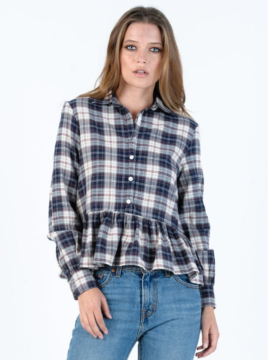 PLAID PEPLUM BLOUSE-NAVY PLAID