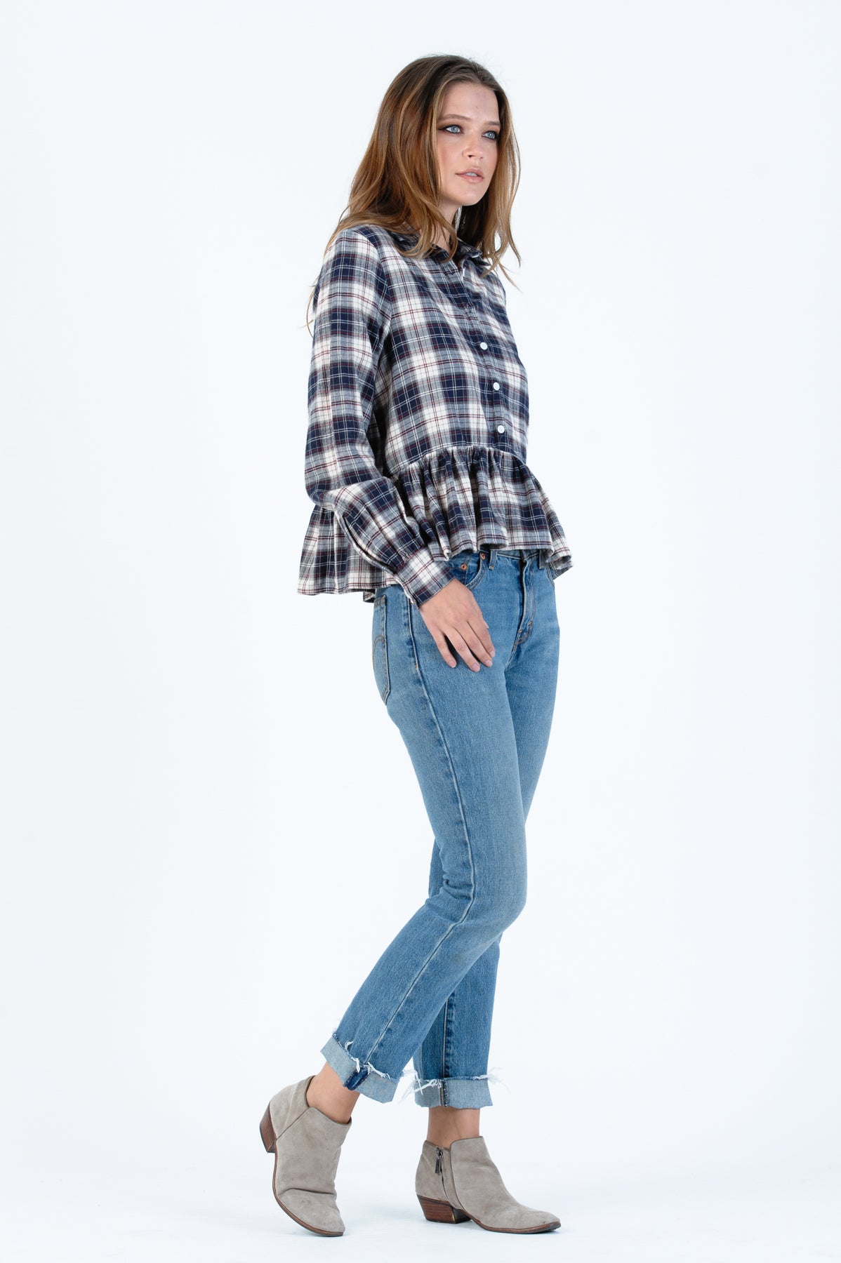 PLAID PEPLUM BLOUSE-NAVY PLAID