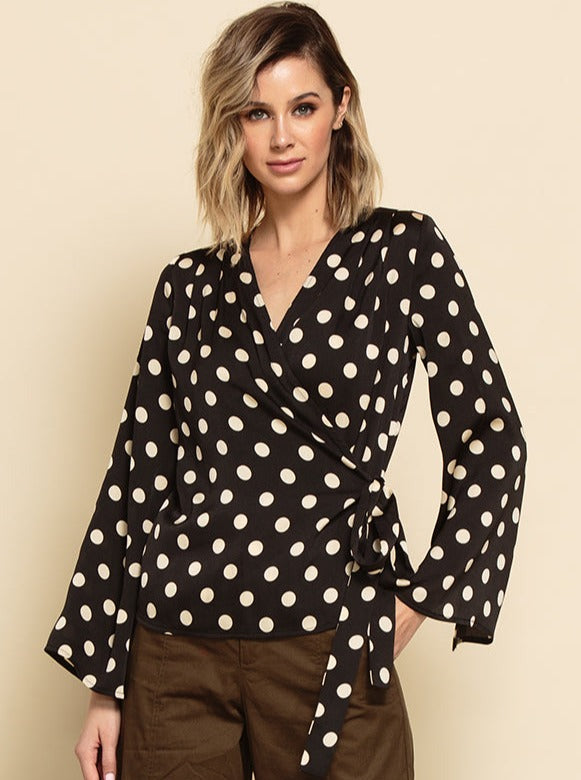 WSS-LCT5123-RUTH TRUMPET SLEEVE WRAP BLOUSE | BLACK POLKADOT