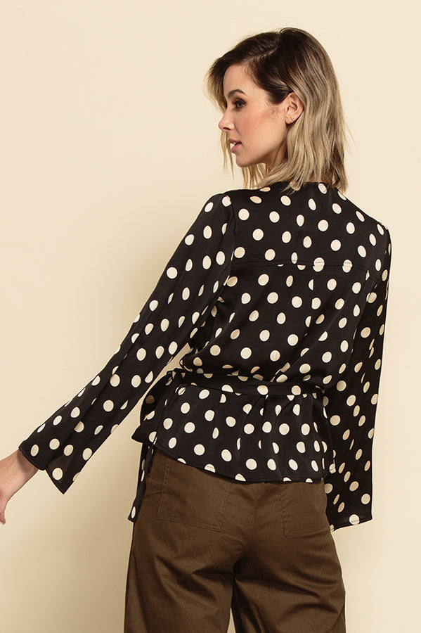 RUTH TRUMPET SLEEVE WRAP BLOUSE-BLACK POLKADOT
