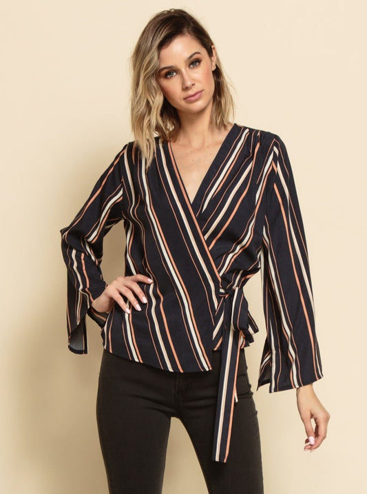 RUTH TRUMPET SLEEVE WRAP BLOUSE-NAVY PINK STRIPE