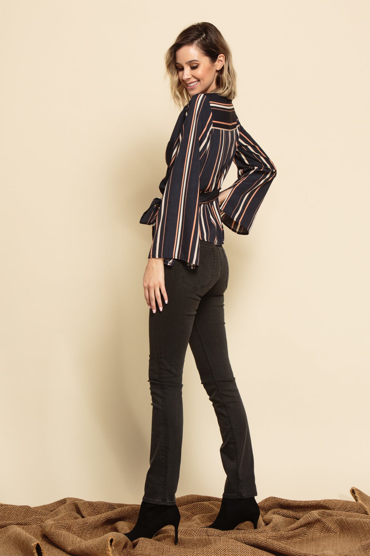 RUTH TRUMPET SLEEVE WRAP BLOUSE-NAVY PINK STRIPE