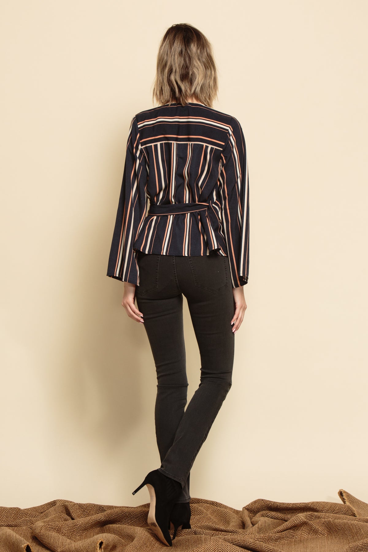 RUTH TRUMPET SLEEVE WRAP BLOUSE-NAVY PINK STRIPE