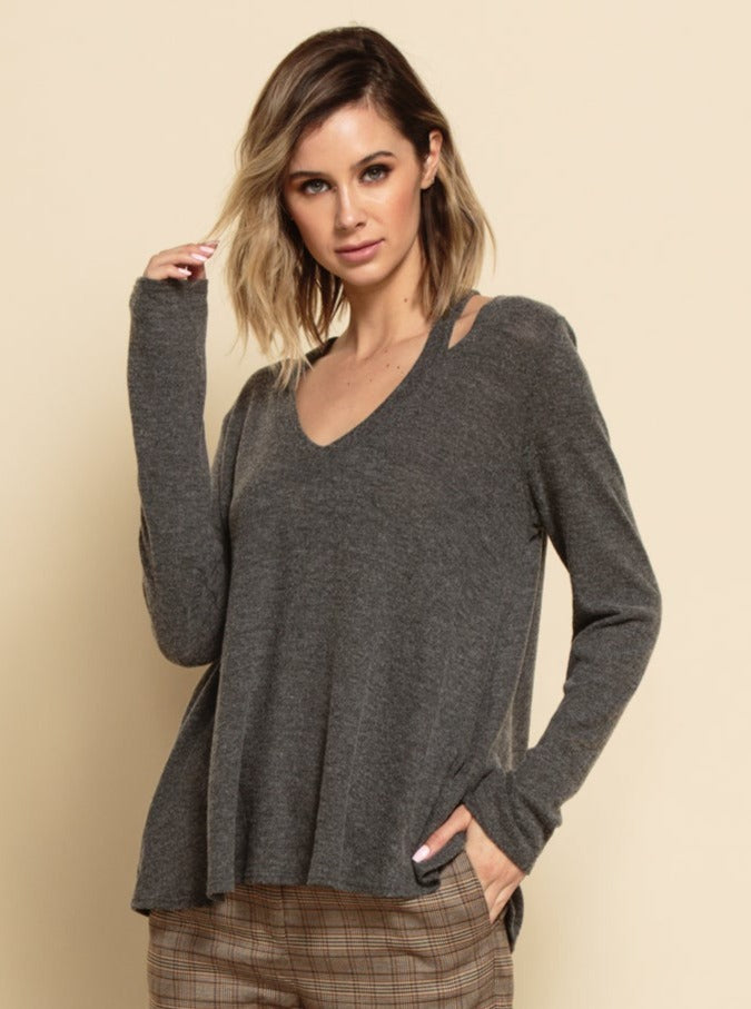VALENTINA LONG SLEEVE HACCI TOP-GREY