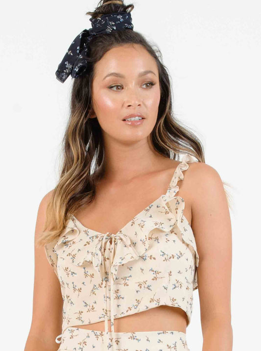 HYGEIA RUFFLE STRAP TOP-TAN MINI FLORAL