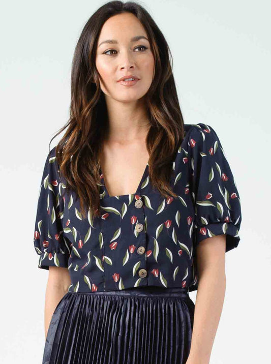 PENNY PUFF BUTTON FRONT BLOUSE-NAVY FLORAL