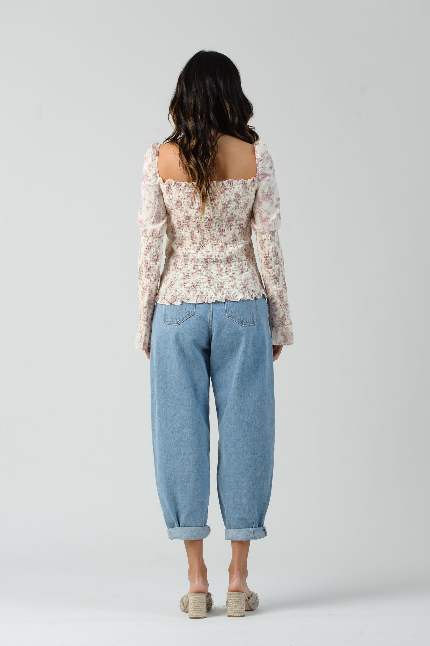 OLEANA SMOCKED SLEEVE TOP-CREAM FLORAL