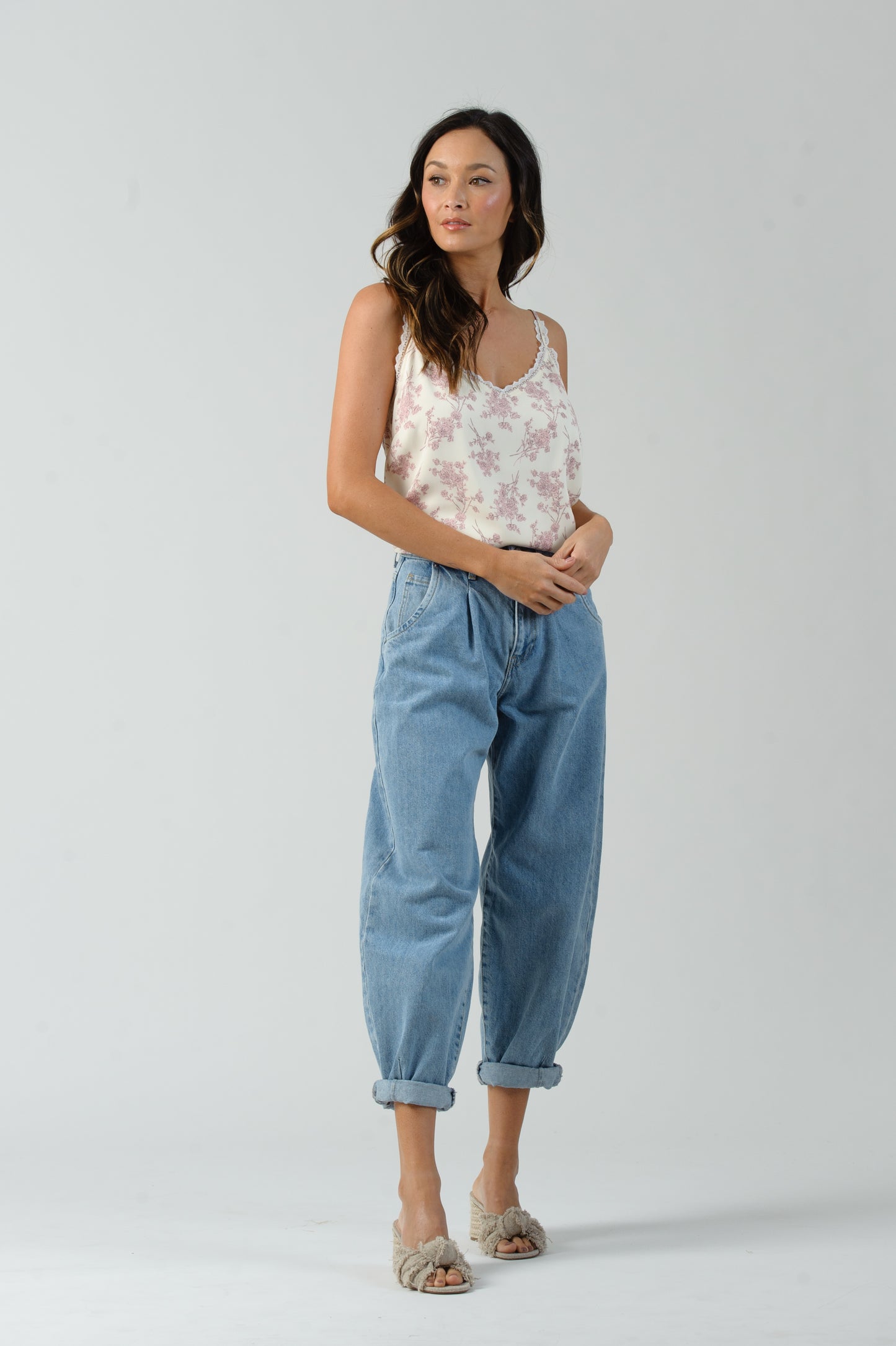 HELIOTROPE LACE TRIM CAMI TOP-CREAM FLORAL